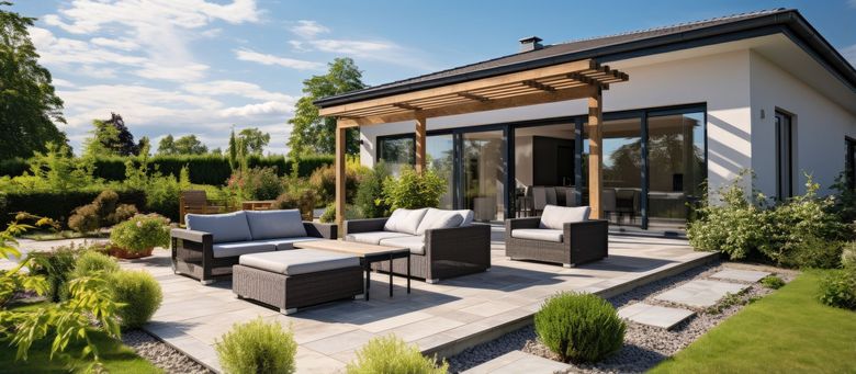 Patio moderne avec salon de jardin sur une terrasse carrelée, à côté d’une maison contemporaine et d’un jardin