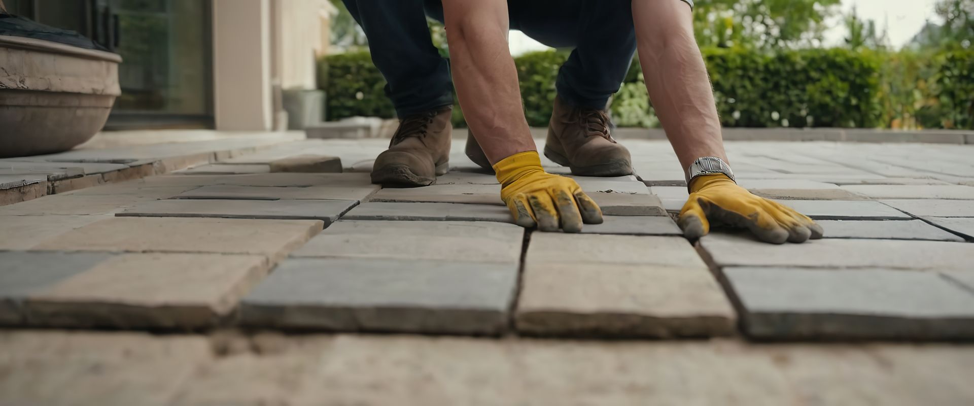 Ouvrier posant des pavés à l'extérieur avec des gants jaunes et des chaussures de chantier