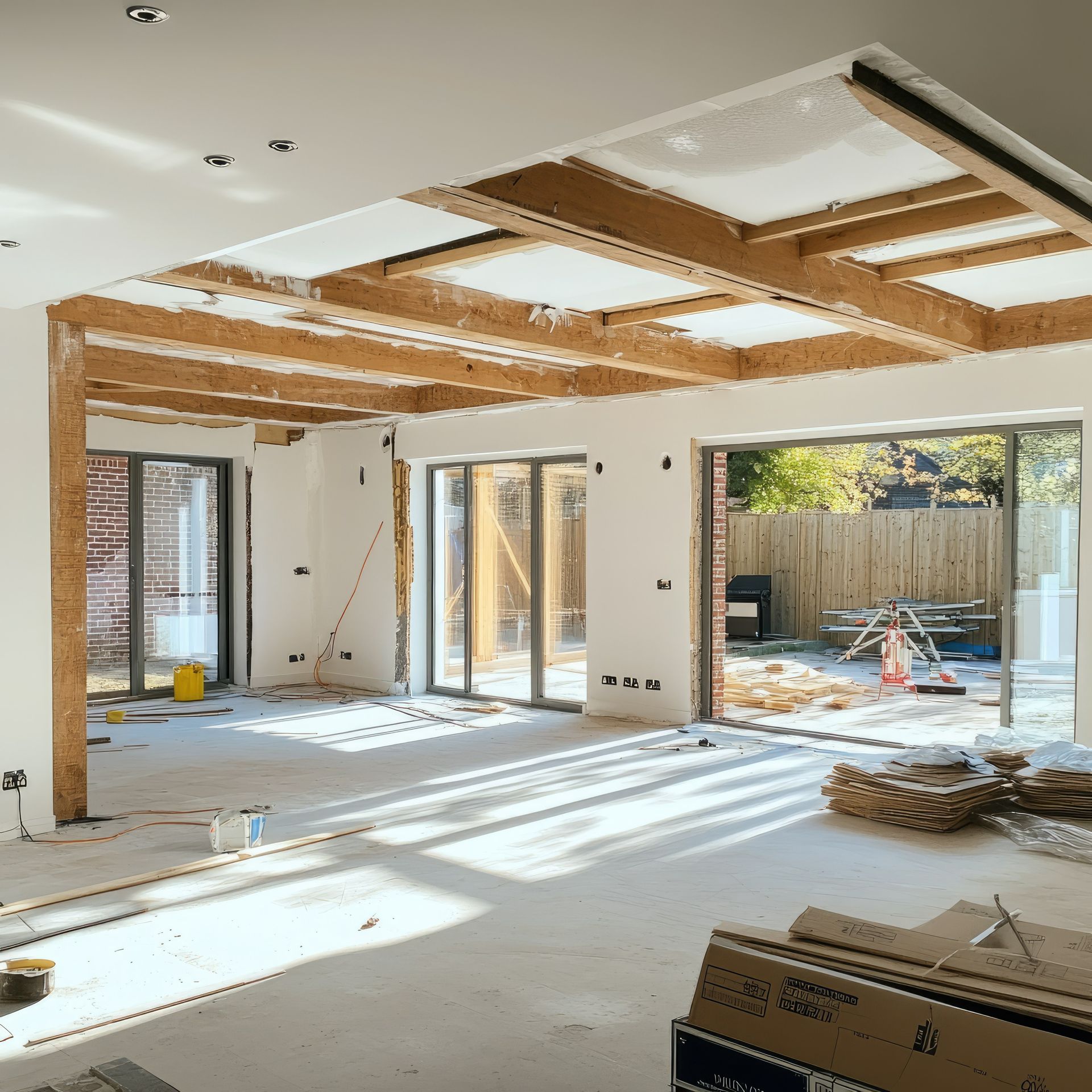 Pièce partiellement rénovée avec poutres apparentes au plafond, murs blancs et matériaux de construction au sol