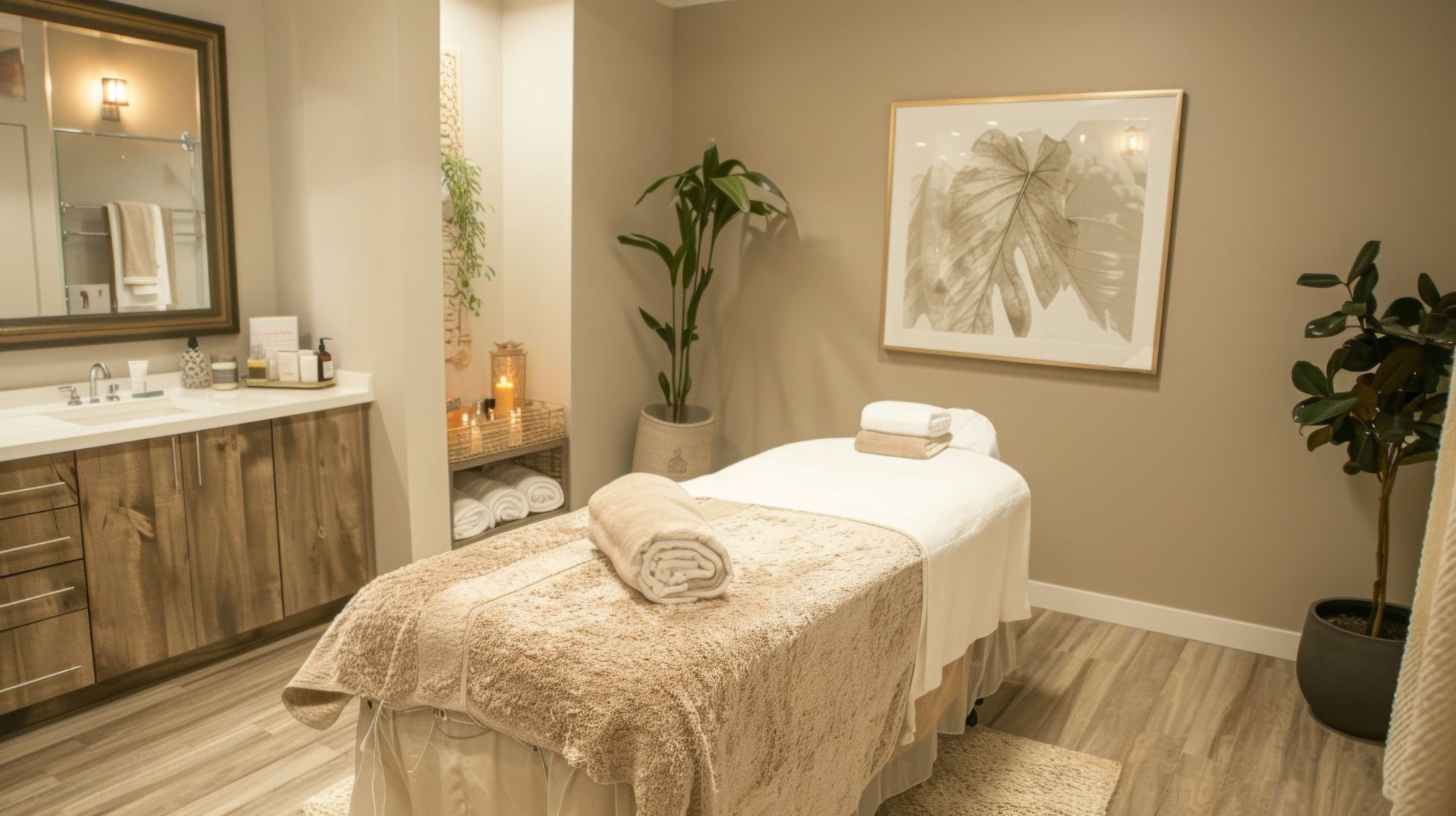 Salle de soins spa avec table de massage, décoration beige clair, coiffeuse en bois et plantes en pot