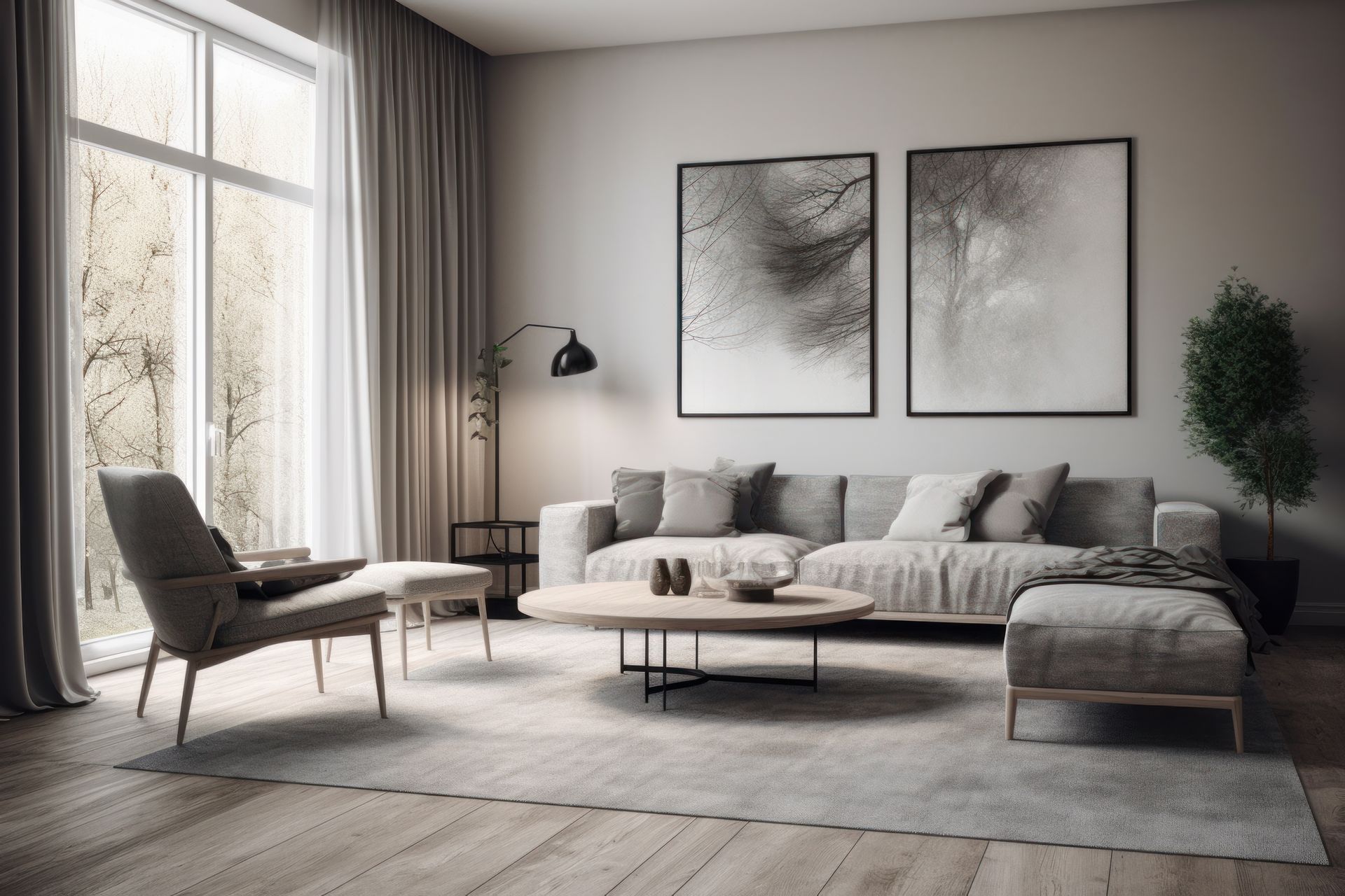 Diptyque de grandes photos dans un salon gris