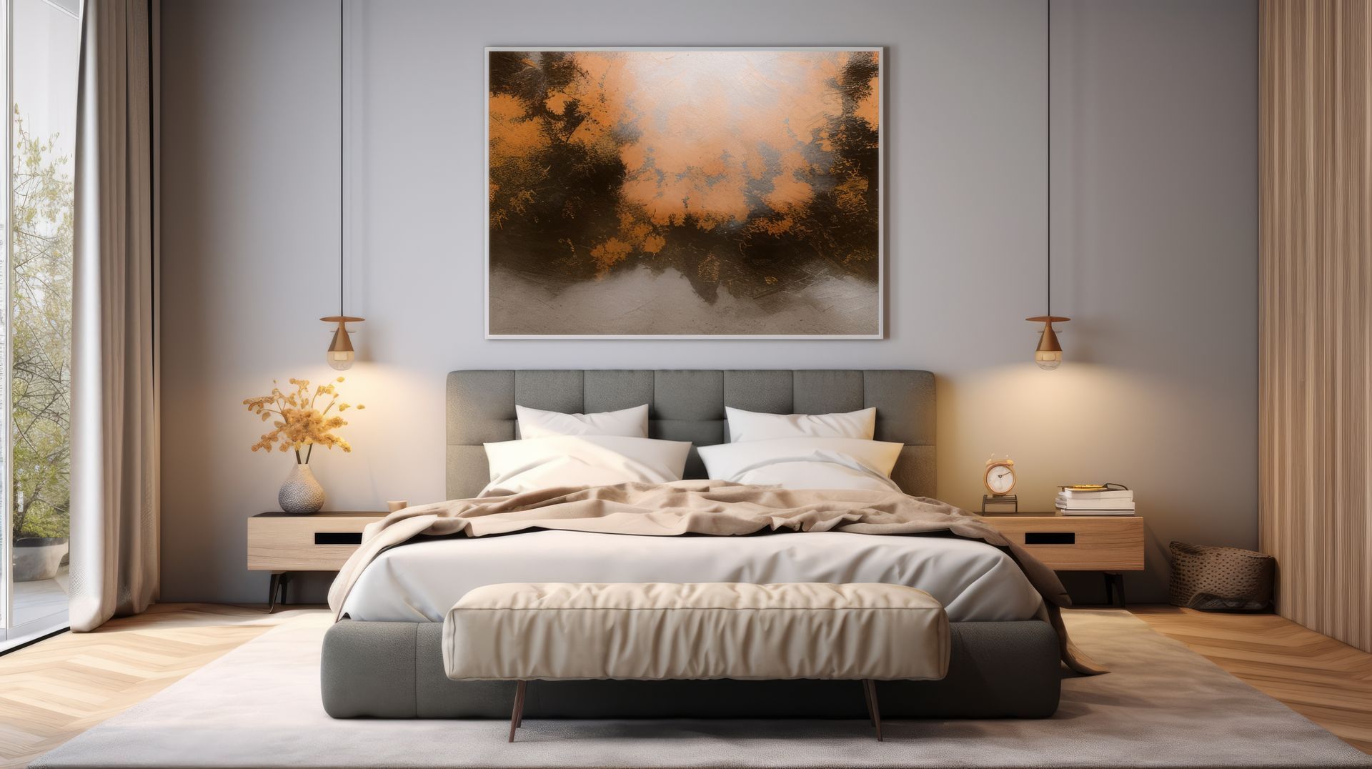 Grande photo encadrée au-dessus d'un grand lit