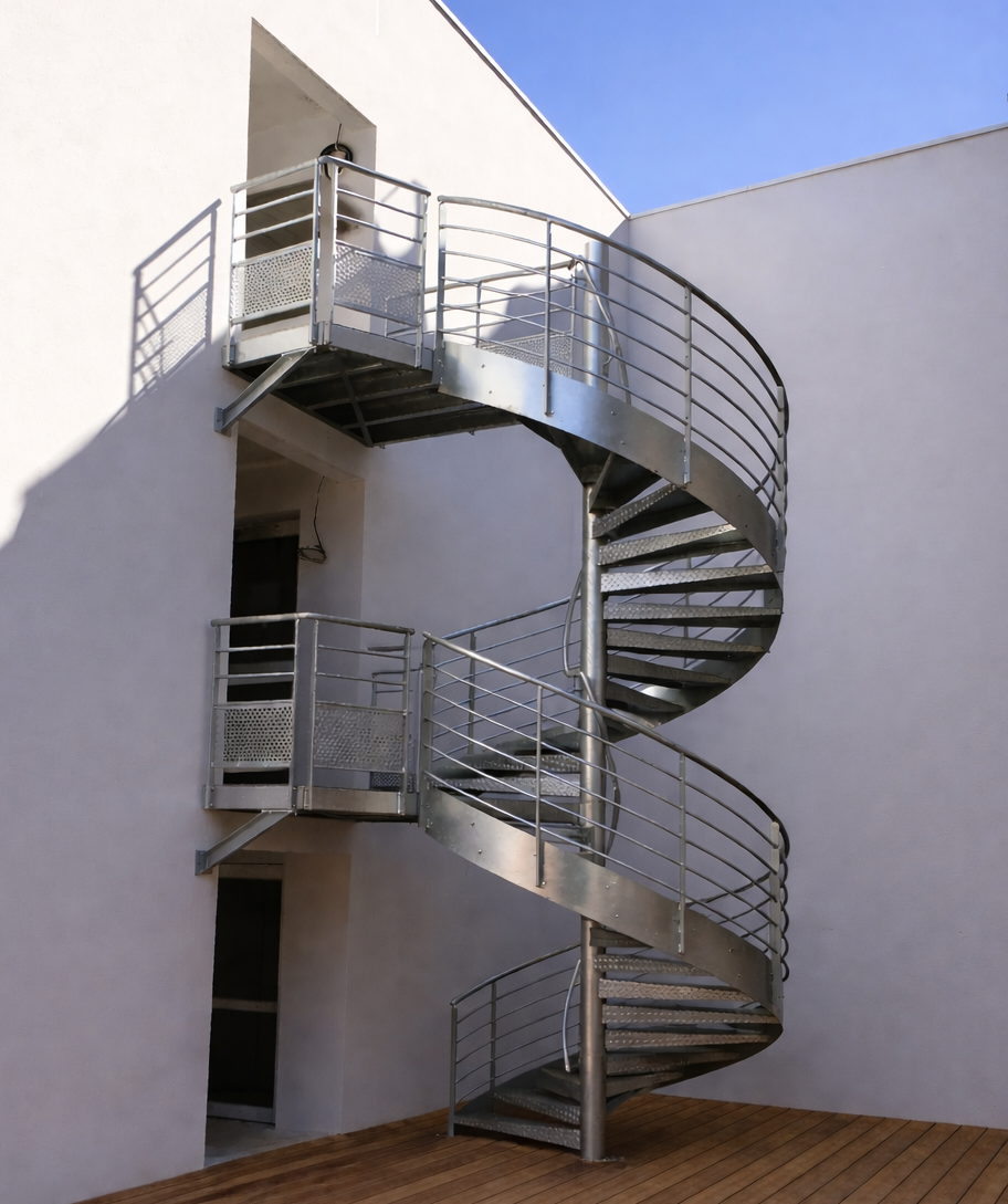 Un escalier aux marches en bois et aux limons en métal noir, dans un intérieur moderne aux murs blancs avec une plante en pot.