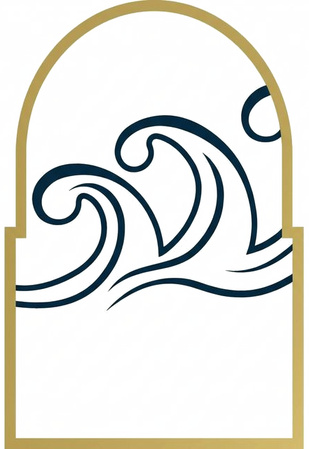 AntiGravity Villas — gold arch frame with ocean waves