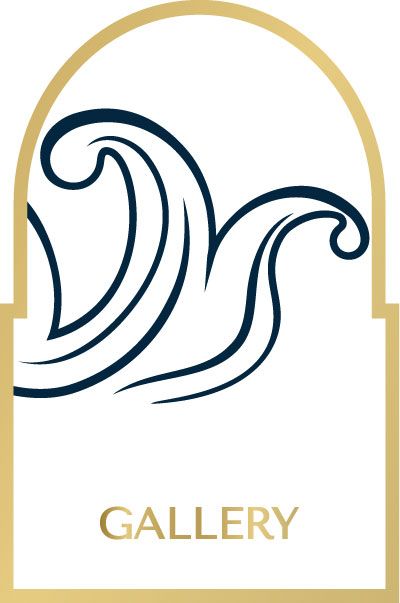 Gold-framed logo with stylized navy wave design above the word