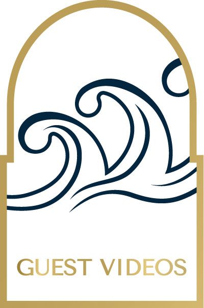 Dark blue stylized ocean waves within a gold-framed arch, text
