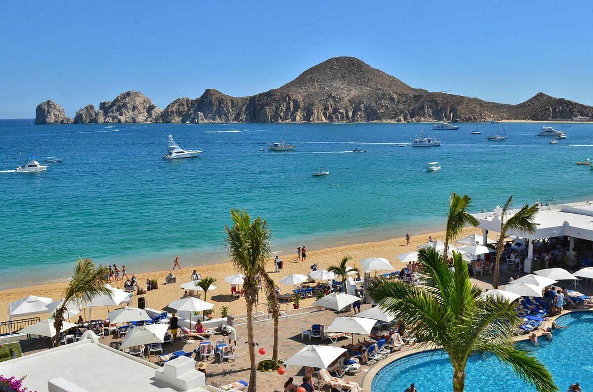 Wide shot of Medano Beach Cabo San Lucas, Baja California Sur