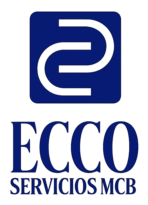 Logotipo azul para ECCO Servicios MCB: formas "C" entrelazadas estilizadas en un cuadrado azul oscuro, con texto debajo.