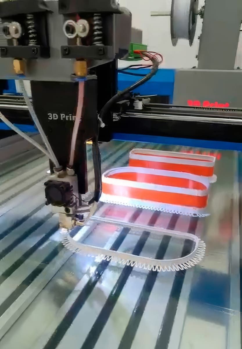 Una impresora 3D imprime un trozo de plástico sobre una superficie metálica.