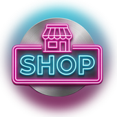 Un letrero de estilo neón sobre un fondo circular metálico con un icono de tienda rosa sobre el texto azul 