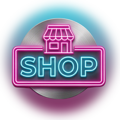 Un letrero de estilo neón sobre un fondo circular metálico con un icono de tienda rosa sobre el texto azul 