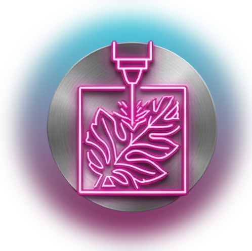 El contorno rosa neón de un cabezal de corte láser que graba el diseño de una hoja de monstera sobre un material cuadrado en un disco de metal cepillado.