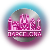 Una insignia metálica circular con el contorno rosa neón de los monumentos de Barcelona y la palabra 