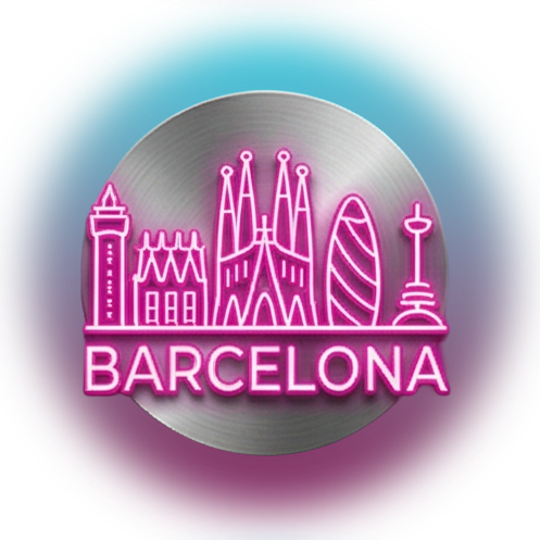Una insignia metálica circular con el contorno rosa neón de los monumentos de Barcelona y la palabra 