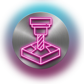 Icono rosa neón de una broca de fresado trabajando sobre una pieza cuadrada, sobre un fondo circular metálico cepillado.