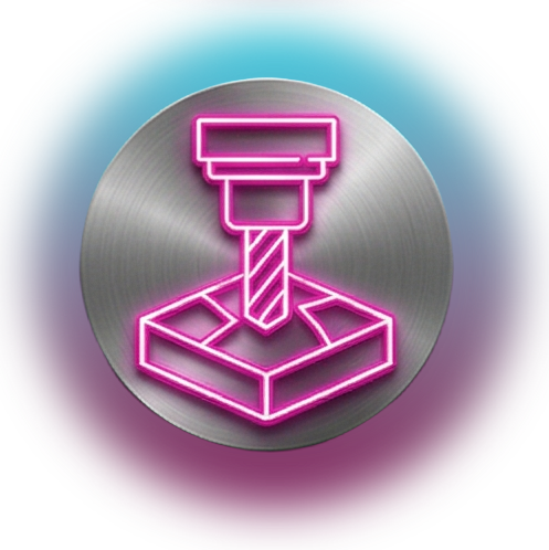 Icono rosa neón de una broca de fresado trabajando sobre una pieza cuadrada, sobre un fondo circular metálico cepillado.