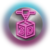 Un icono de impresora 3D de color rosa neón que imprime un cubo sobre un fondo circular de metal cepillado con un borde azul suave y brillante.