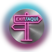 Un disco metálico circular presenta un letrero de color rosa neón con dos flechas. La flecha superior dice 