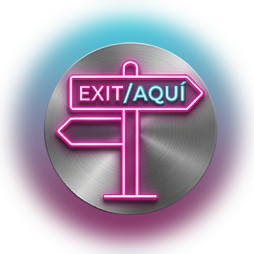 Un disco metálico circular presenta un letrero de color rosa neón con dos flechas. La flecha superior dice 