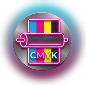 Icono rosa neón CMYK con el gráfico de un rodillo de impresora sobre un fondo circular de metal cepillado.