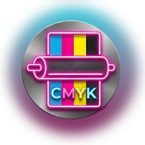 Icono rosa neón CMYK con el gráfico de un rodillo de impresora sobre un fondo circular de metal cepillado.