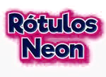 Las palabras "R&oacute;tulos Neon" en una fuente redondeada, azul oscuro y en negrita, con un efecto de brillo rosa difuso sobre un fondo blanco.