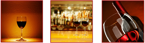 Tres imágenes de vino: una copa, una barra con copas y una copa con una botella.