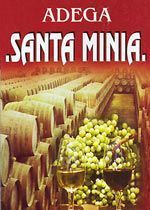 Etiqueta de vino Adega Santa Minia con barricas, uvas y copas de vino en una bodega.