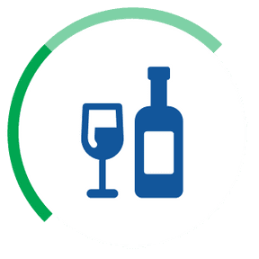 Botella y copa de vino azul con indicador de progreso verde.