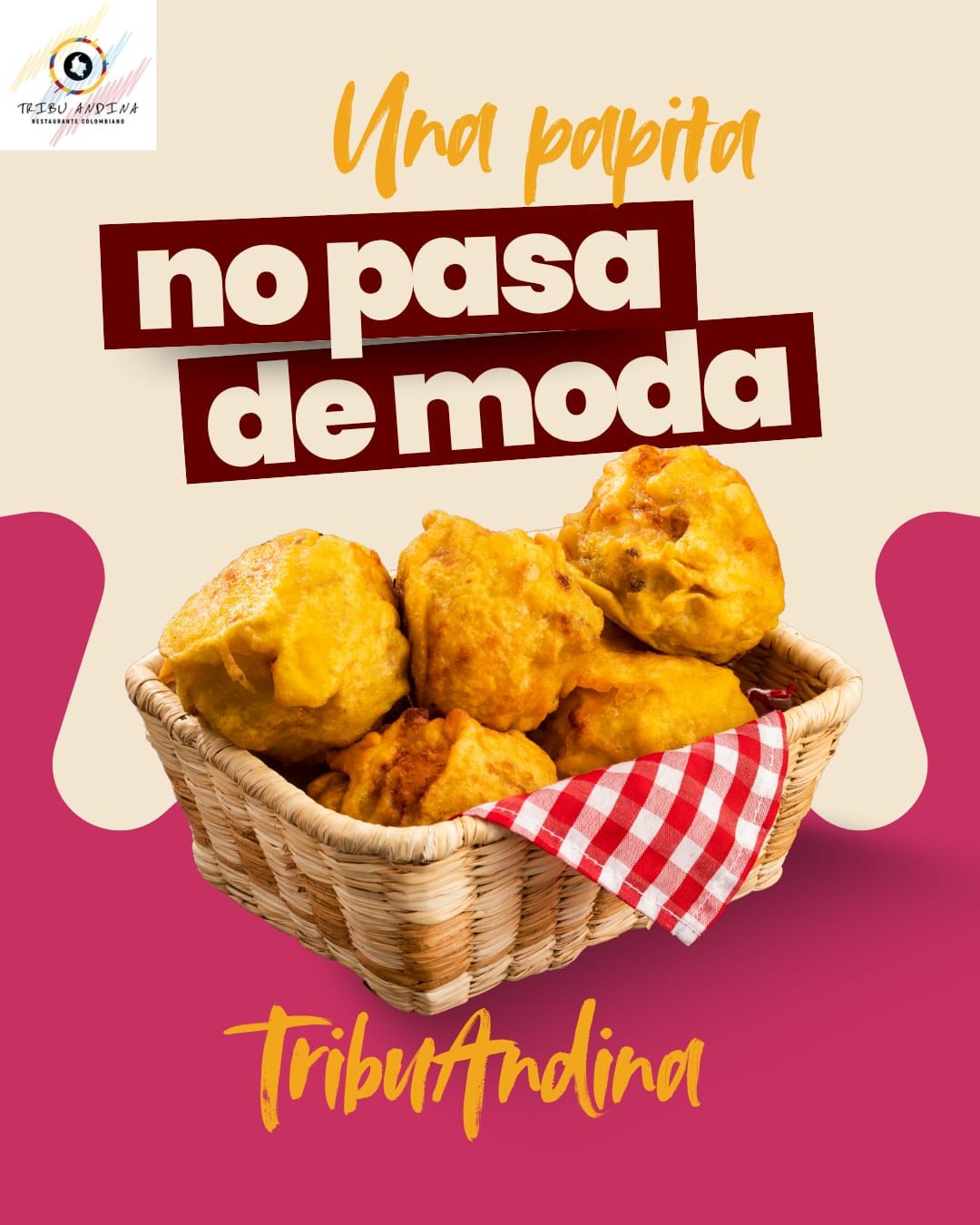 Cesta de buñuelos dorados con tela roja y blanca, que promueve “no pasa de moda” y “TributTradicional” sobre fondo rosa.
