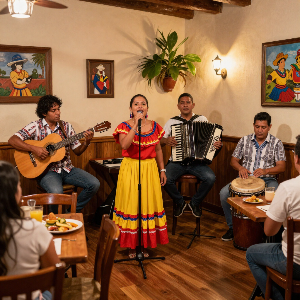 Músicos actúan en un espacio cerrado: una cantante con un vestido rojo y amarillo, un guitarrista, un acordeonista y un percusionista en un local acogedor.