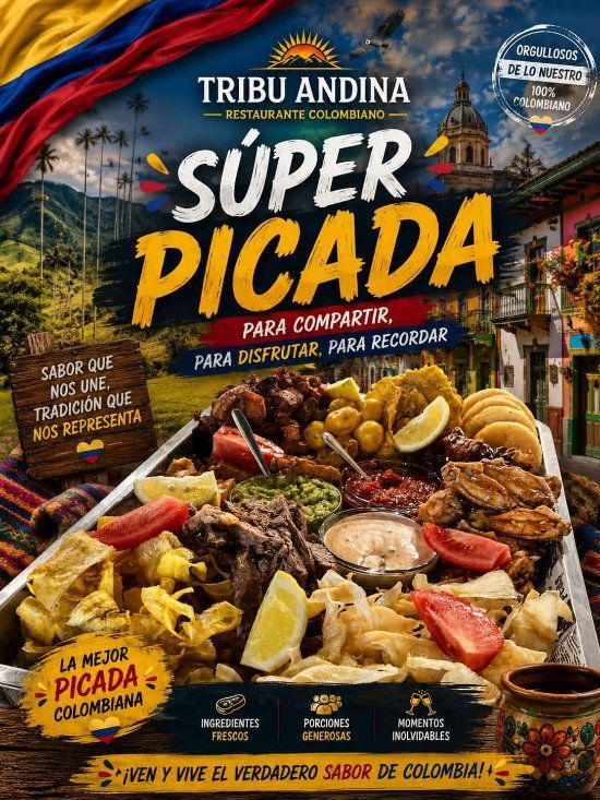 Cartel promocional de Tribu Andina super picada, con una gran bandeja de comida y texto en negrita de color amarillo y rojo.