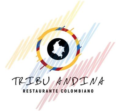 Logotipo para el restaurante colombiano Tribu Andina con emblema circular del mapa de Colombia y pinceladas coloridas.