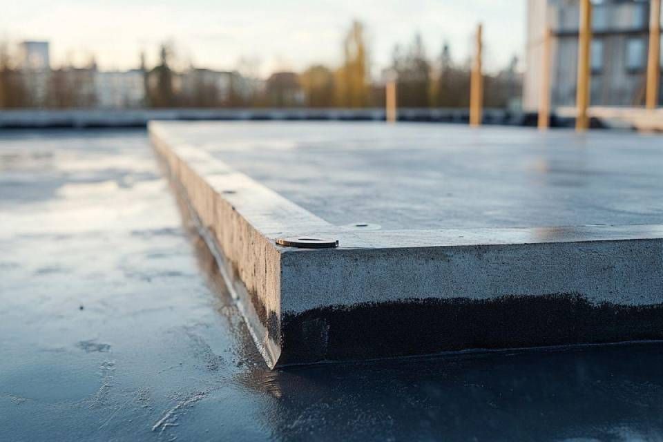 Rebord en béton bas sur une surface mouillée et glacée, avec des bâtiments flous en arrière-plan.