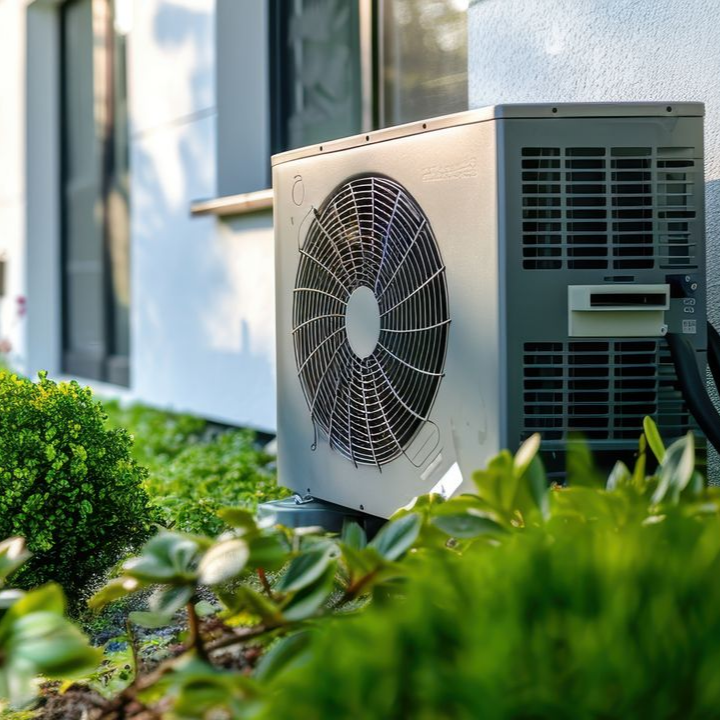 Unité de climatisation extérieure à côté d'une maison, partiellement cachée par des arbustes verts au soleil