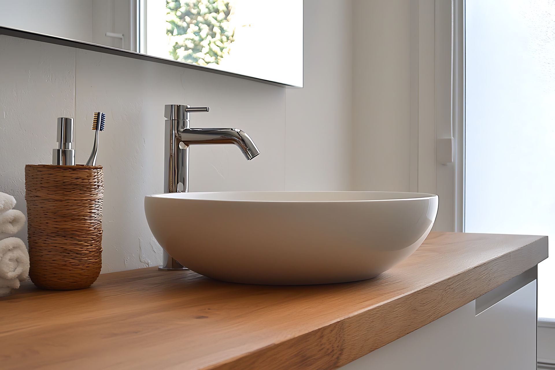 Meuble-lavabo moderne avec vasque blanche, robinet chromé et porte-brosse tressé sur un comptoir en bois.