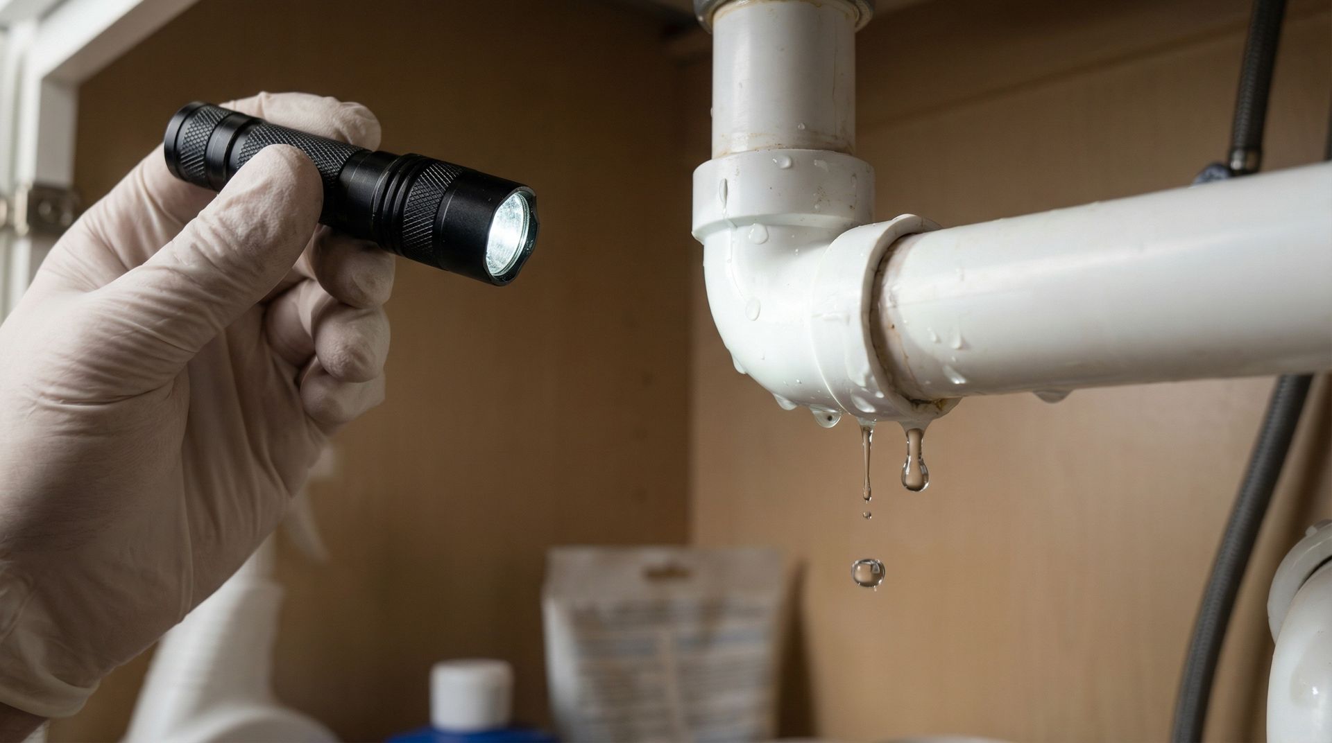 Main gantée utilisant une lampe torche pour inspecter un tuyau blanc qui fuit sous un évier