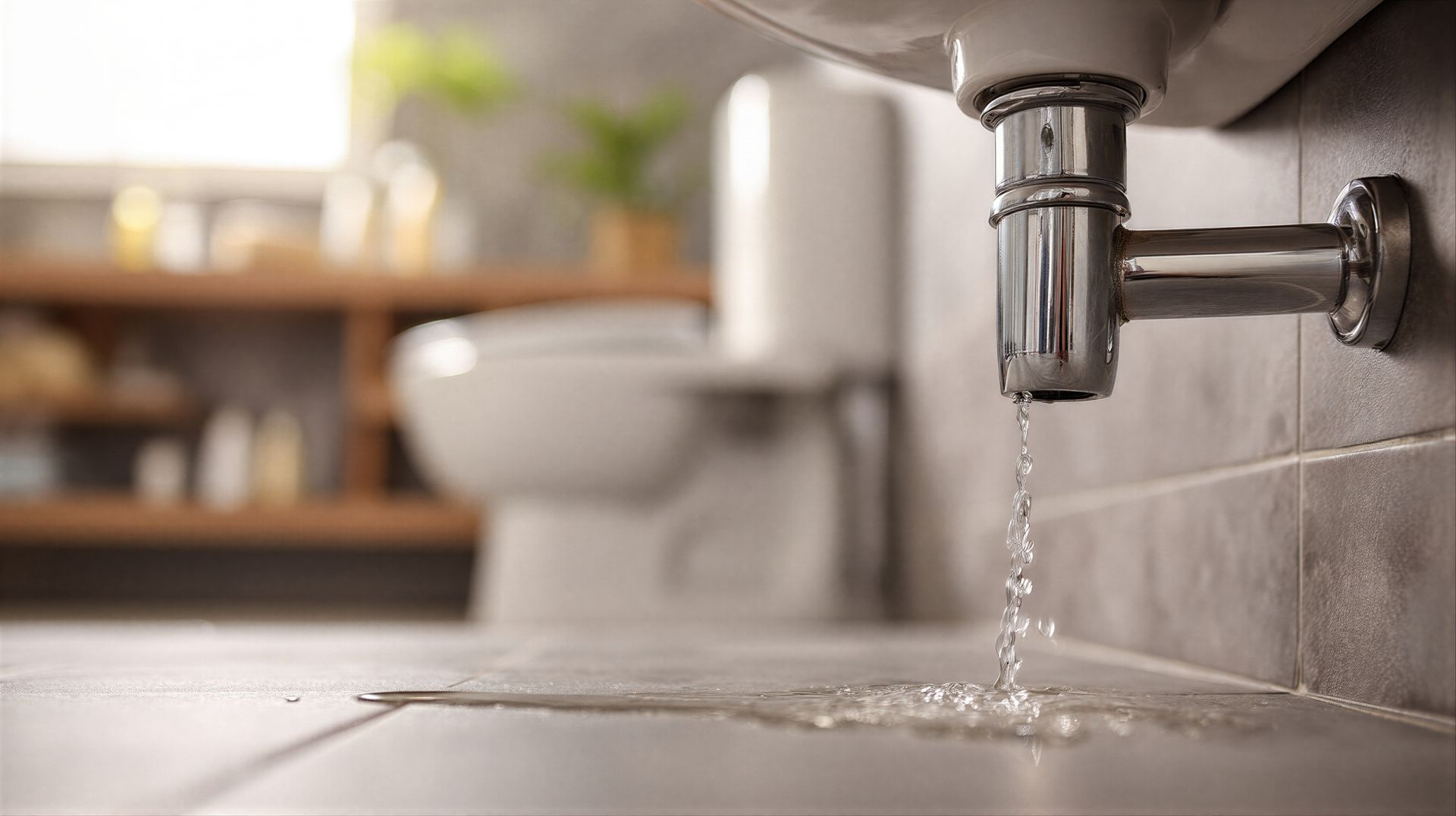 De l'eau qui goutte d'un robinet chromé dans un lavabo blanc d'une salle de bains.