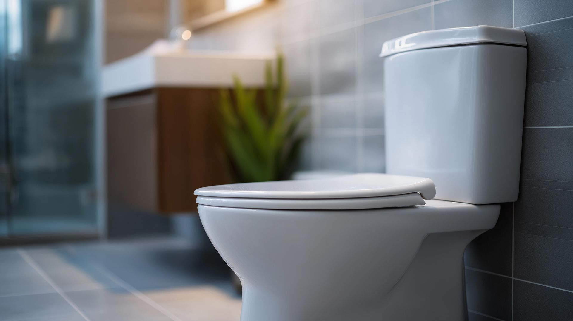 Toilettes blanches modernes dans une salle de bains carrelée avec un lavabo flou en arrière-plan