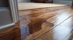 De l'eau s'infiltre sur un parquet près d'une porte, formant une tache humide et une flaque.
