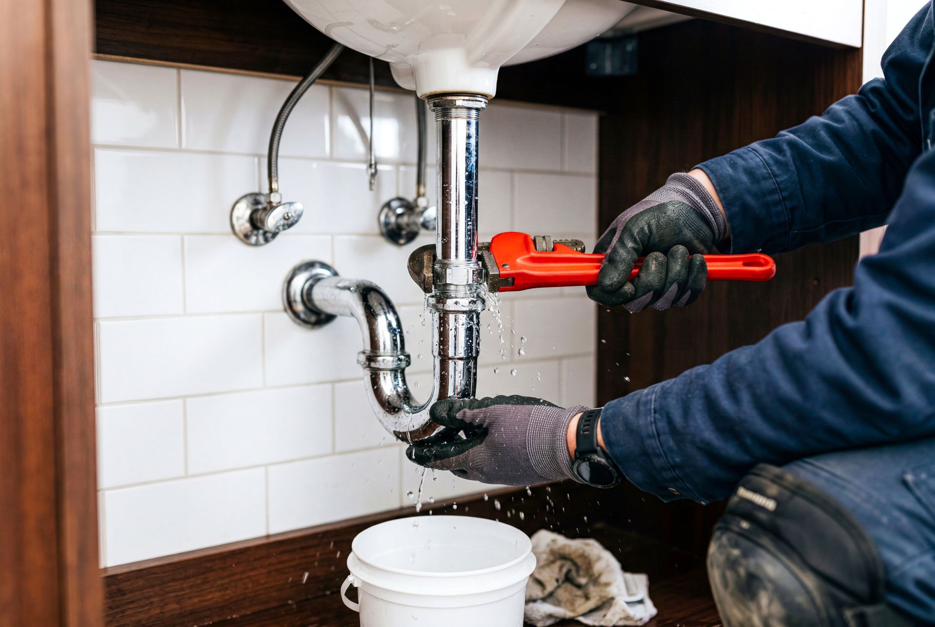Un plombier resserre un tuyau d'évacuation d'évier sous un lavabo de salle de bains ou de cuisine à l'aide d'une clé, un seau recueillant l'eau en dessous.