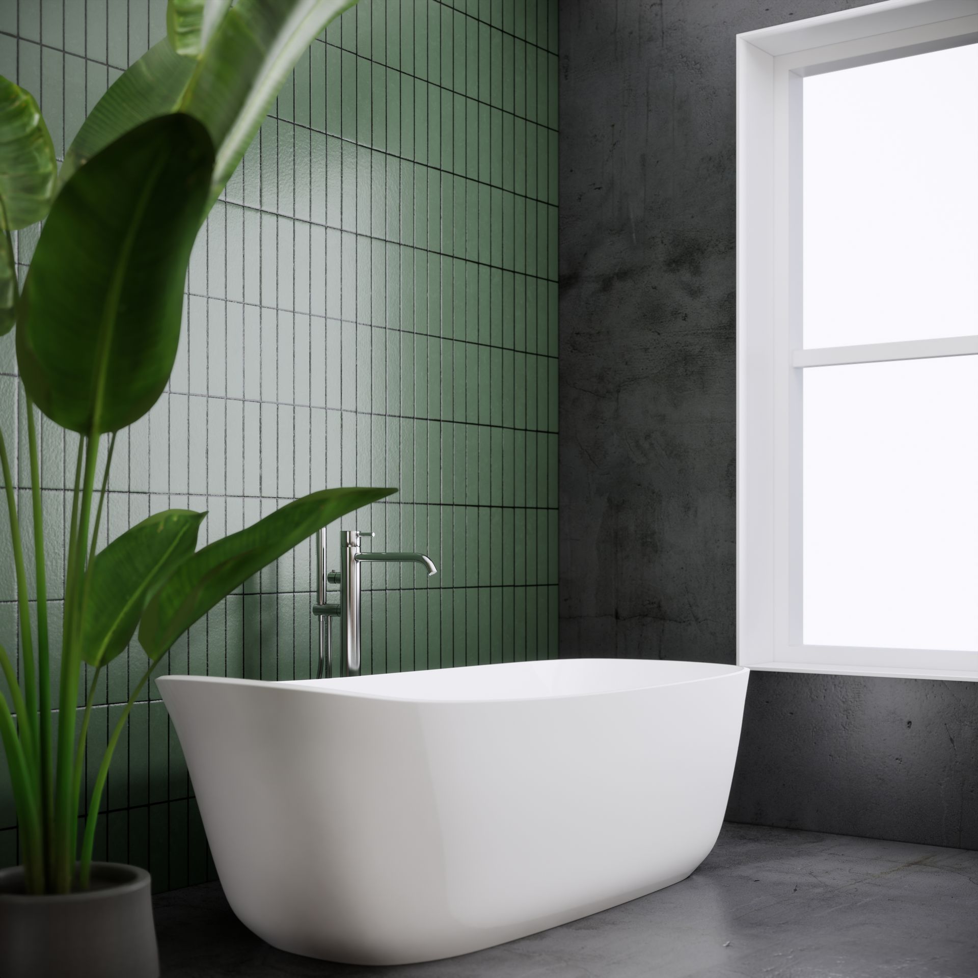 Salle de bains moderne avec baignoire îlot blanche, mur carrelé vert, murs sombres et plante en pot près de la fenêtre