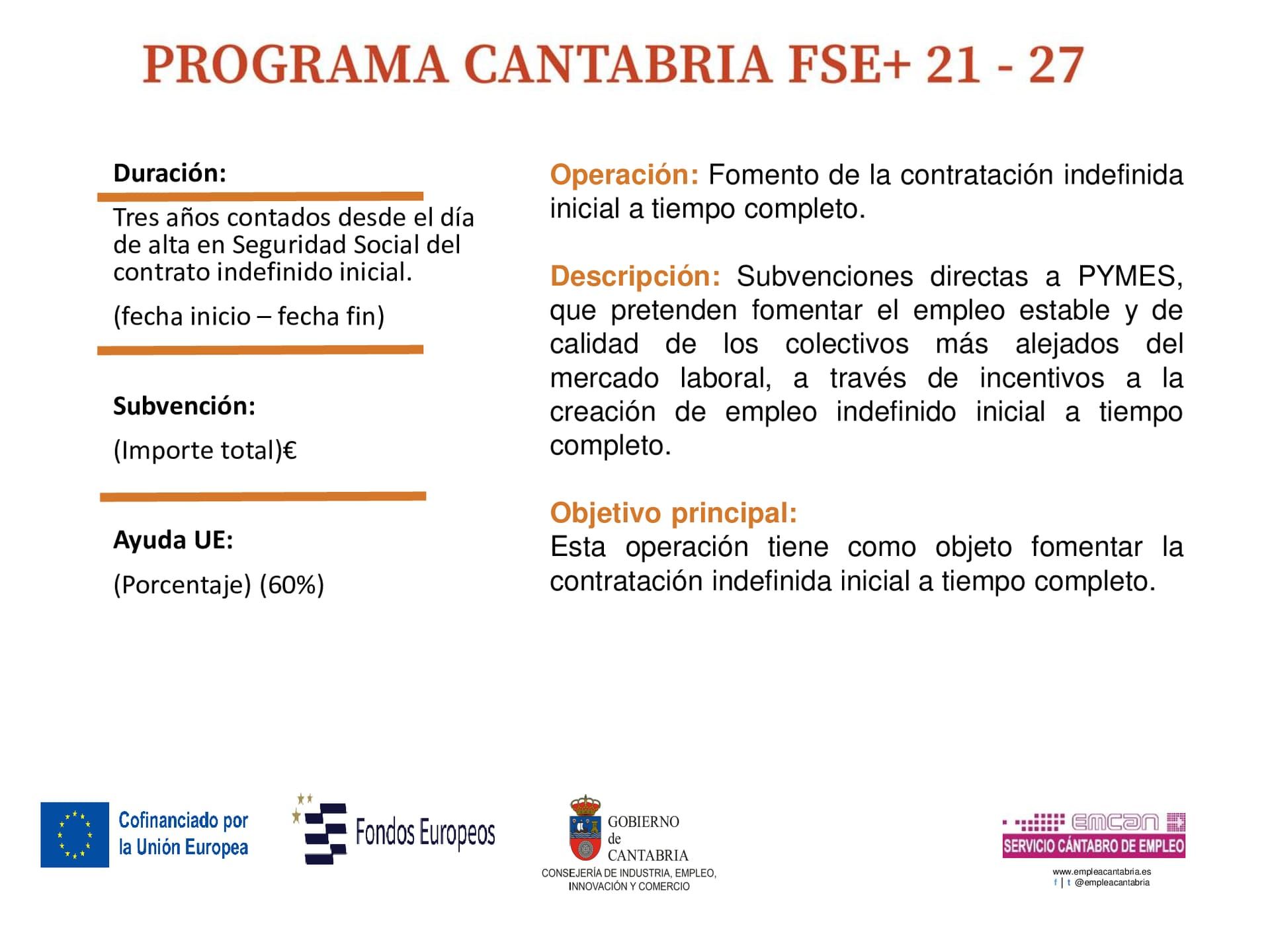 Programa Cantabria FSE+ 21-27, que ofrece subvenciones para fomentar el empleo fijo y a tiempo completo de las PYMES.