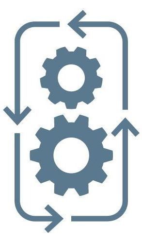 Dos engranajes girando, encerrados en una trayectoria de flecha en forma de bucle, indicando un proceso o ciclo.
