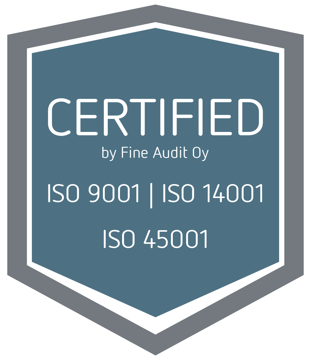 Sertifioitu merkki, jossa valkoinen teksti sinisellä kilvellä: ISO 9001, ISO 14001 ja ISO 45001.