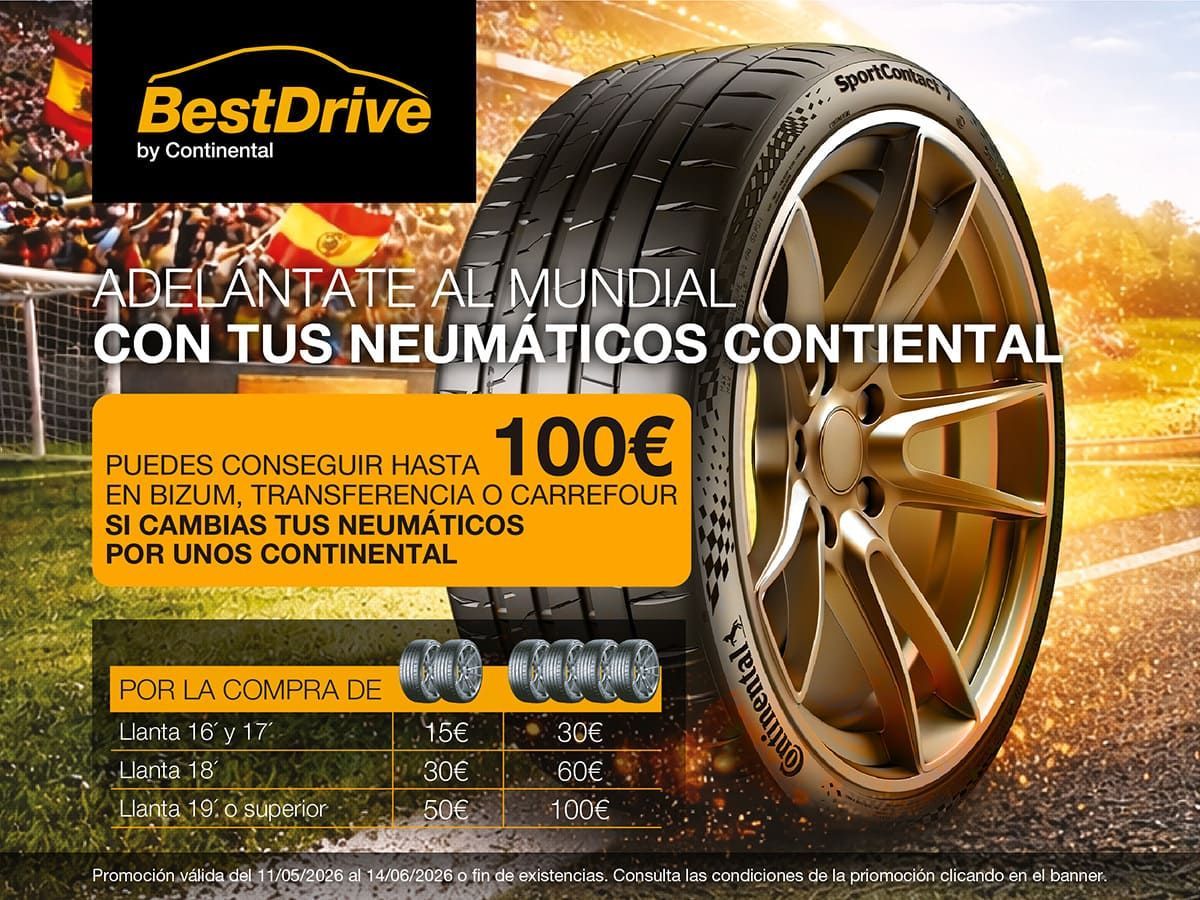 Promoción de neumáticos Continental con llanta dorada y oferta de 100 € en BestDrive.