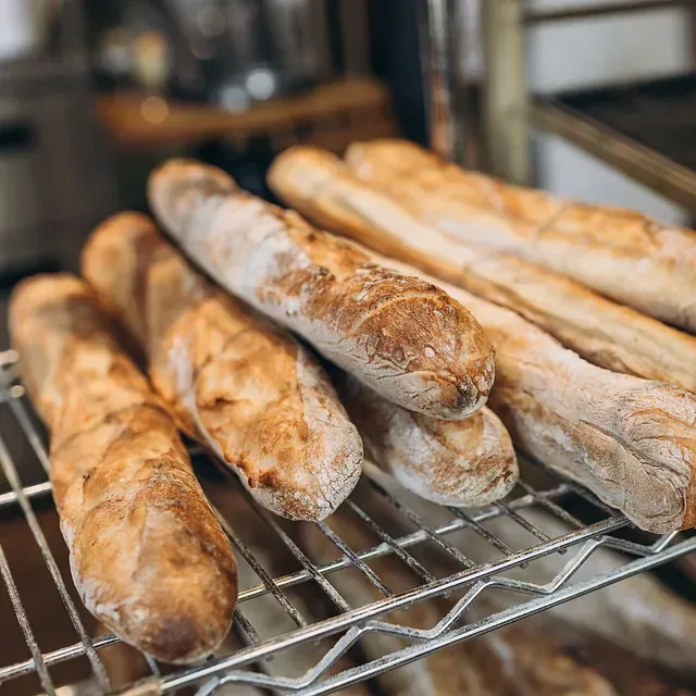 Baguettes recién horneadas descansan sobre una rejilla en una panadería. Panes crujientes y dorados están listos para la venta.