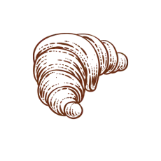 Dibujo de un croissant con líneas marrones, que muestra las capas y la forma de la masa sobre un fondo blanco.