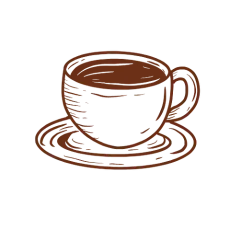 Taza de café con líquido marrón en su interior, sobre un platillo a juego. Estilo dibujado a mano con líneas marrones.