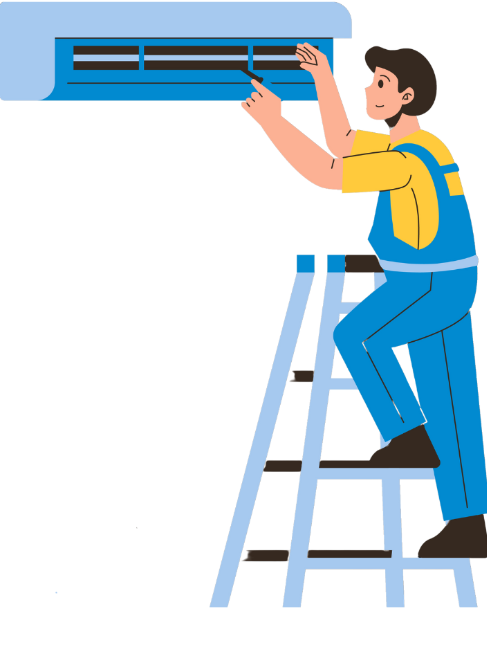 Un homme est debout sur une échelle en train de réparer un climatiseur.